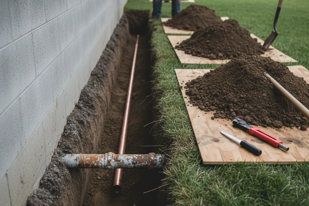 Excavated water line trench during Water Softener Installation in Newington